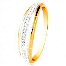 14K arany gyűrű - kidomborodó sáv fehér aranyból átlátszó cirkóniás vonallal