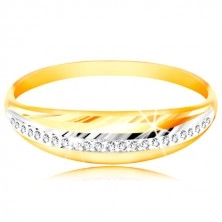 14K arany gyűrű - kidomborodó sáv fehér aranyból átlátszó cirkóniás vonallal