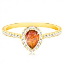 14K sárga arany gyűrű, narancssárga csepp átlátszó cirkóniás szegéllyel