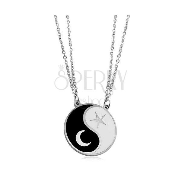 Acél nyakék, két lánc, fekete-fehér Jing és Jang szimbólum, hold és csillag