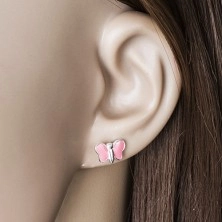 925 ezüst stekkeres fülbevaló - fényes pillangó rózsaszín fénymázzal