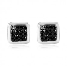 925 ezüst stekkeres fülbevaló - fényes négyzet fekete cirkóniákkal a közepén