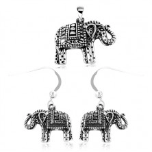 925 ezüst szett, fülbevaló és medál, fekete patinás gravírozott elefánt