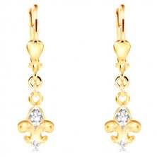 14K arany fülbevaló - kétszínű Fleur de Lis szimbólum, átlátszó cirkóniák