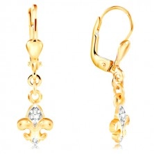 14K arany fülbevaló - kétszínű Fleur de Lis szimbólum, átlátszó cirkóniák