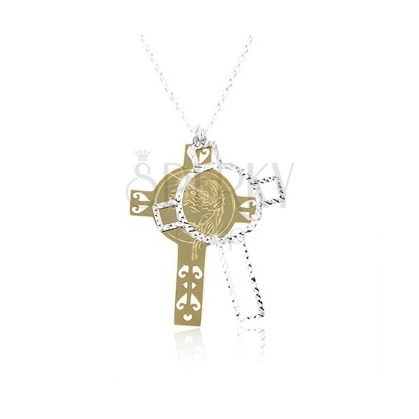 925 ezüst nyaklánc, kereszt kivágásokkal és Jézussal arany és ezüst színben