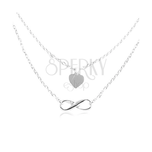 925 ezüst nyaklánc, kettős lánc, szív és végtelen szimbólum