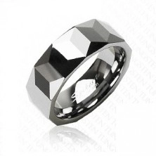 Ezüst színű volfrám gyűrű, csiszolt geometriai alakzatok, 8 mm