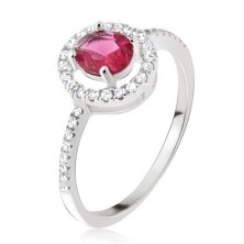 925 ezüst gyűrű - kerek rózsaszínes piros cirkónia, átlátszó cirkóniás keret