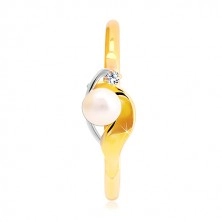 Gyémánt gyűrű 14K aranyból, kétszínű hullámok, átlátszó gyémánt és fehér gyöngy