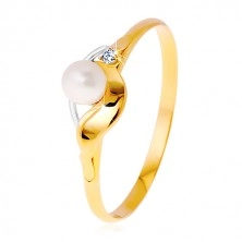Gyémánt gyűrű 14K aranyból, kétszínű hullámok, átlátszó gyémánt és fehér gyöngy