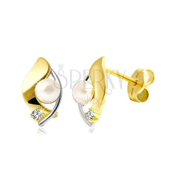 Gyémánt fülbevaló 14K aranyból, kétszínű szem, átlátszó gyémánt és fehér gyöngy