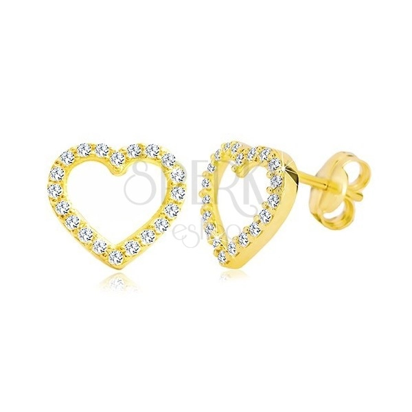 14K sárga arany fülbevaló - szív körvonal cirkóniákkal díszítve