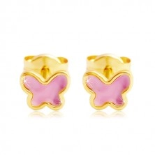 14K sárga arany stekkeres fülbevaló, pillangó rózsaszín fénymázzal