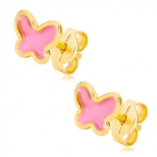 14K sárga arany stekkeres fülbevaló, pillangó rózsaszín fénymázzal