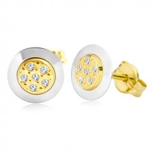 14K arany fülbevaló - kör átlátszó cirkóniákkal a közepén, sárga és fehér arany