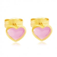 14K sárga arany stekkeres fülbevaló, szív rózsaszín fénymázzal