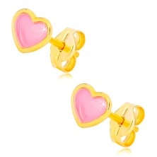 14K sárga arany stekkeres fülbevaló, szív rózsaszín fénymázzal