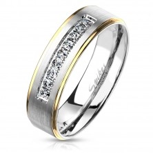 Kétszínű acél gyűrű, ezüst és arany árnyalat, átlátszó cirkóniák, 6 mm