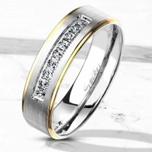 Kétszínű acél gyűrű, ezüst és arany árnyalat, átlátszó cirkóniák, 6 mm