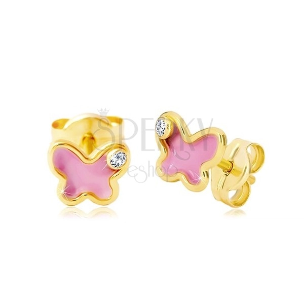14K sárga arany fülbevaló, pillangó rózsaszín fénymázzal és cirkóniával