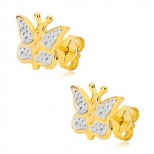 585 arany fülbevaló - pillangó fehér arannyal és pontokkal díszítve