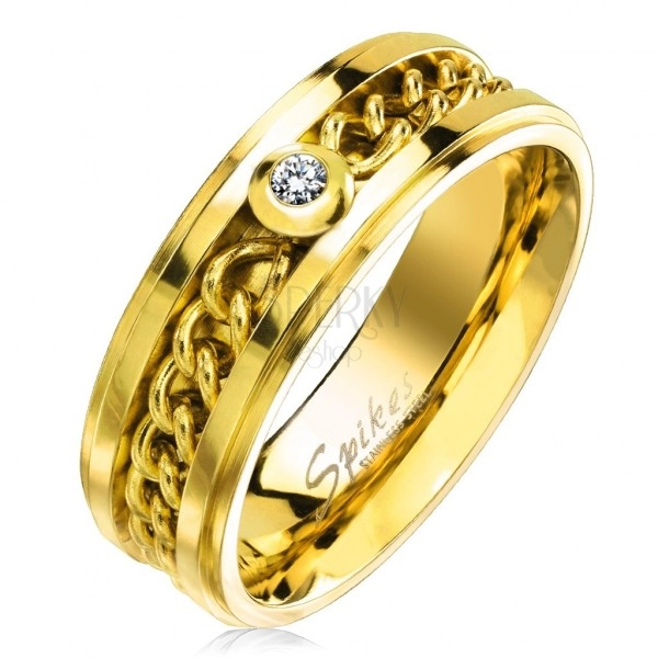 Arany színű sebészeti acél gyűrű lánccal és átlátszó cirkóniával, 7 mm