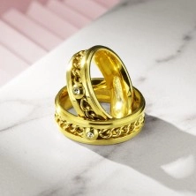 Arany színű sebészeti acél gyűrű lánccal és átlátszó cirkóniával, 7 mm