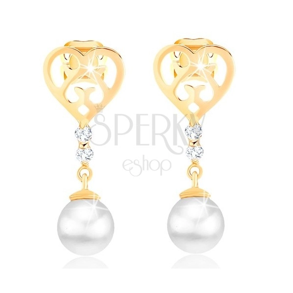 585 arany fülbevaló - szív vágott ornamentumokkal, gyémántokkal és gyönggyel