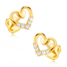 Gyémánt fülbevaló 14K aranyból - szív körvonal kisebb teli szívvel és gyémántokkal