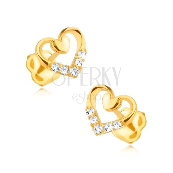 Gyémánt fülbevaló 14K aranyból - szív körvonal kisebb teli szívvel és gyémántokkal