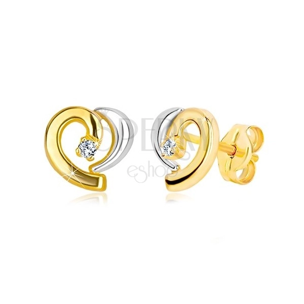 14K kombinált arany fülbevaló - aszimmetrikus szív körvonala, cirkónia