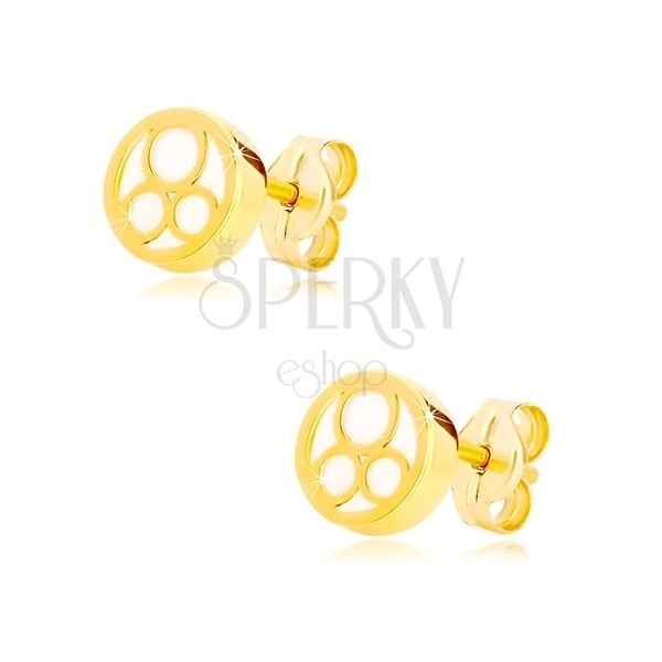585 sárga arany fülbevaló - kör természetes gyöngyházfénnyel és három gyűrűvel