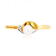 585 kombinált arany gyűrű - tükörfényes hullám, átlátszó cirkónia és gyöngy