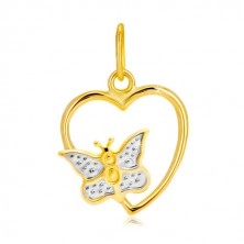 14K kombinált arany medál - fényes szív körvonal, pillangó