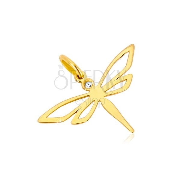 585 sárga arany medál - fényes szitakötő vésetes szárnyakkal, cirkónia