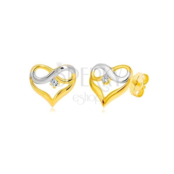 14K kombinált arany fülbevaló-szív alakzat, végtelen szimbólum, cirkónia