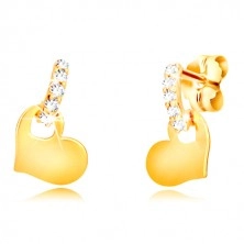 9K sárga arany fülbevaló - cirkónia sáv, fényes szimmetrikus szív alakzat
