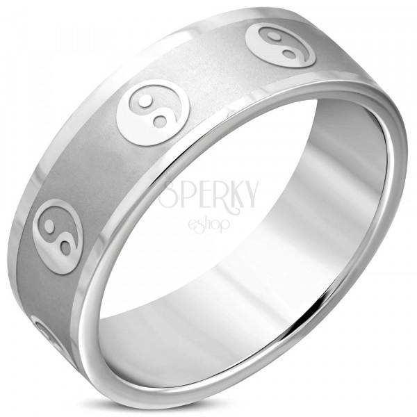Sebészeti acél gyűrű - jing-jang szimbólum, matt és fényes sávok, 8 mm