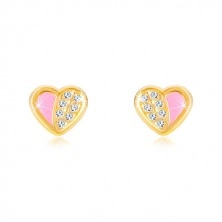 14K arany fülbevaló - szimmetrikus szív cirkóniával, rózsaszín fénymáz