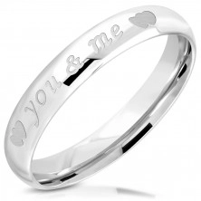 316L fényes acél gyűrű - "you & me" felirat, két szimmetrikus szívecske, 3,5 mm