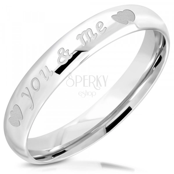 316L fényes acél gyűrű - "you & me" felirat, két szimmetrikus szívecske, 3,5 mm