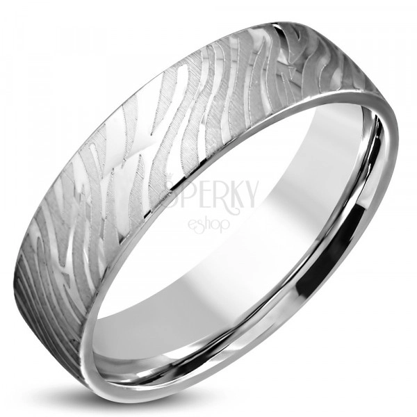 Fényes acél gyűrű ezüst színben - matt zebra mintával, 6mm
