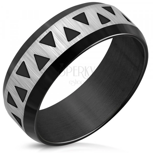Fekete karikagyűrű acélból - lekerekített szélek, háromszöges díszítés, 8 mm