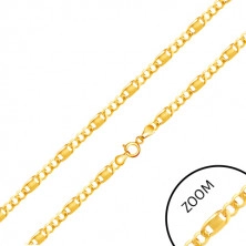 585 sárga arany nyaklánc - három ovális láncszem, hosszúkás szem díszítéssel a közepén, 450 mm