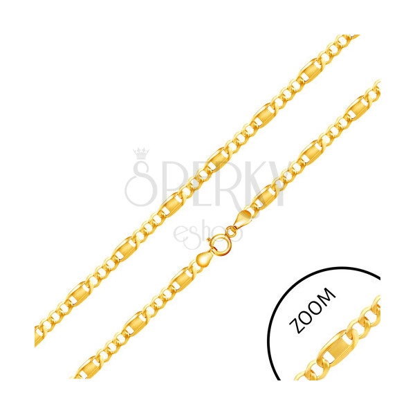 585 sárga arany nyaklánc - három ovális láncszem, hosszúkás szem díszítéssel a közepén, 450 mm