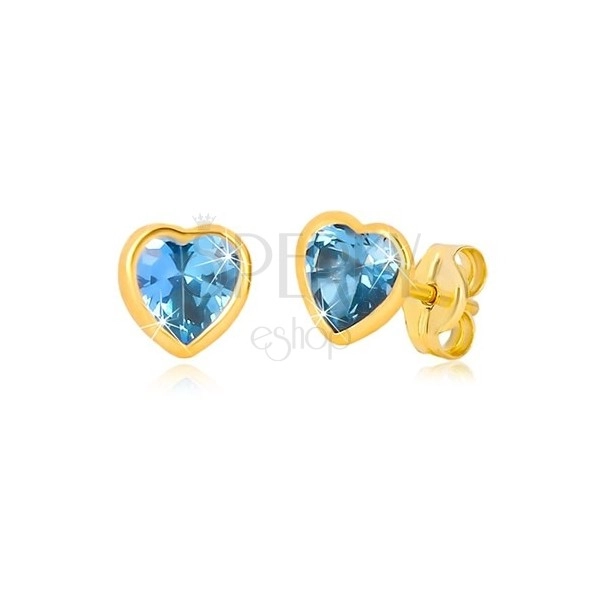9K arany fülbevaló - vékony szív körvonal, szintetikus akvamarin kék színben