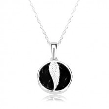 925 ezüst nyaklánc - fényes kör, angyal szárny, fekete színű márvány fénymáz