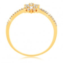 Gyűrű 9K sárga aranyból - csillogó virág átlátszó cirkóniákból, ragyogó szárak