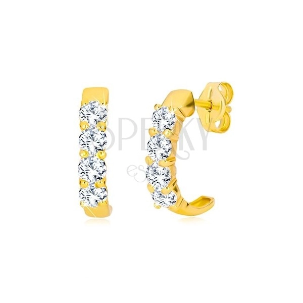 9K stekkeres sárga arany fülbevaló - félkör, átlátszó kerek cirkóniák